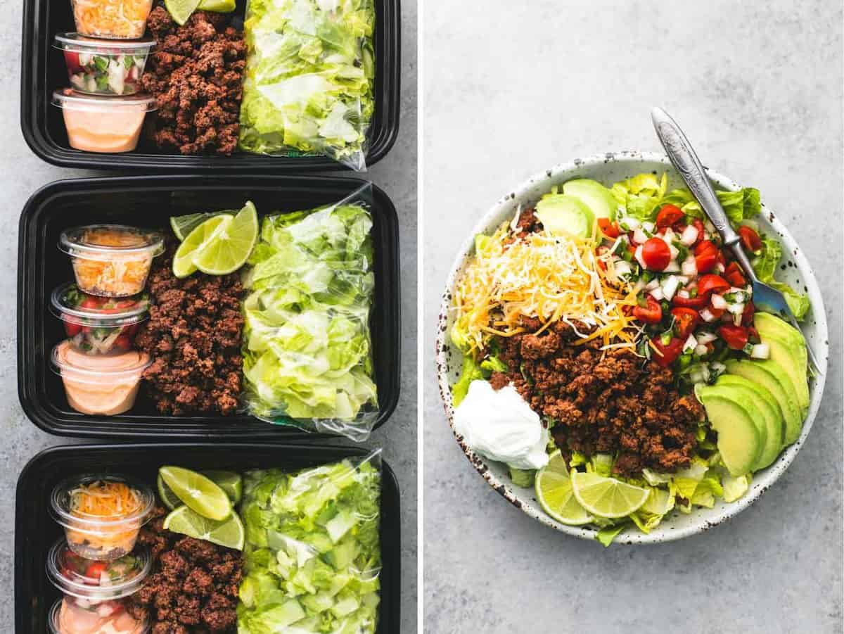 side by side images of taco salad meal prep in tupperware containers and on a plate.