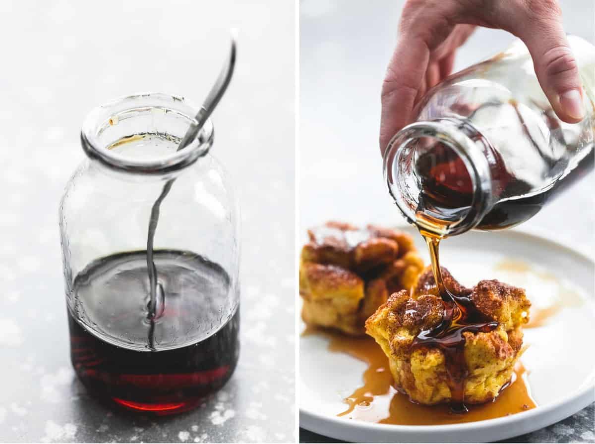 side by side images of syrup with a spoon in a jar and syrup being poured on top of baked cinnamon French toast muffins on a plate.