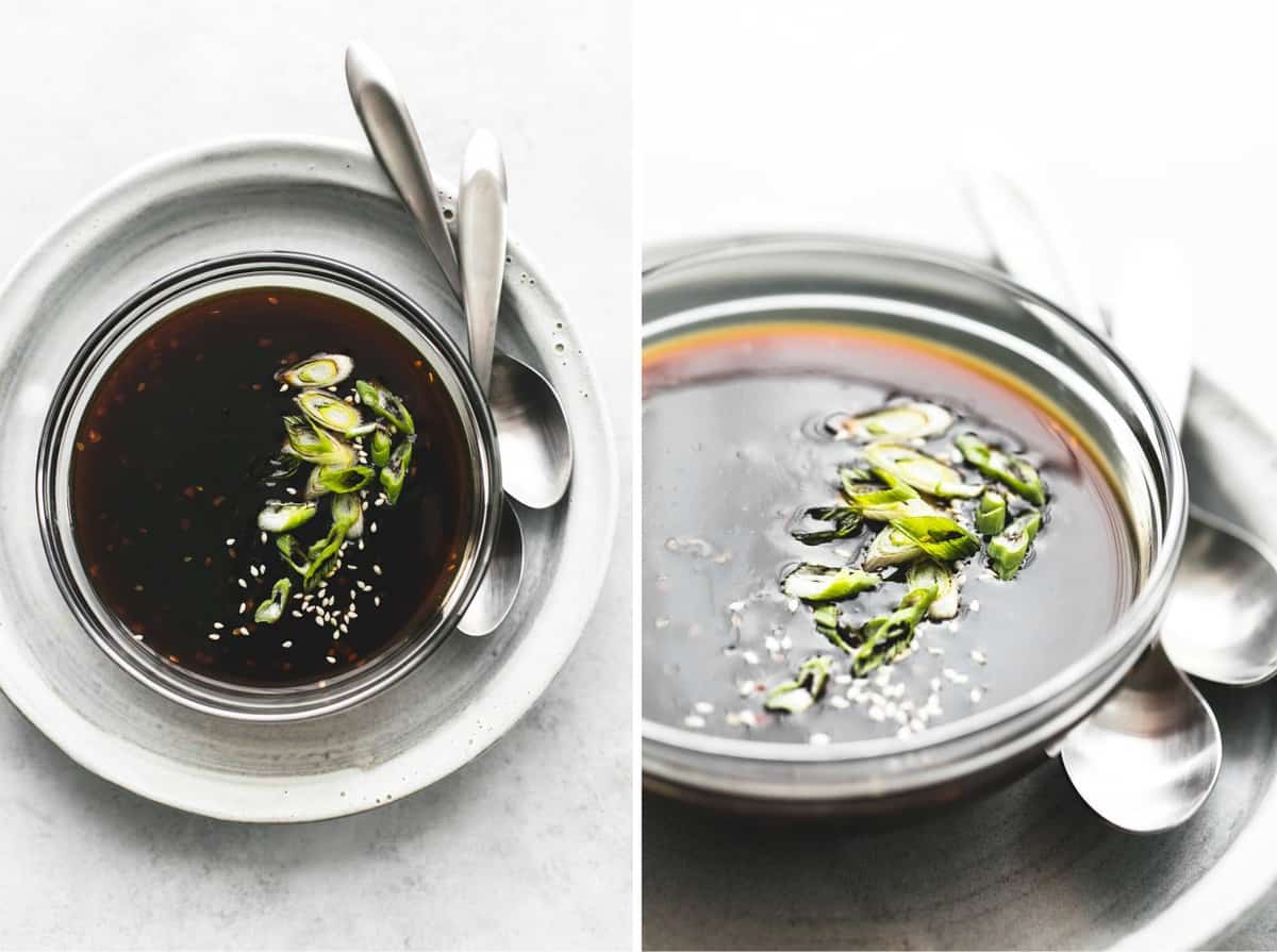 side by side images of teriyaki sauce in a bowl with two spoons on a round serving tray.