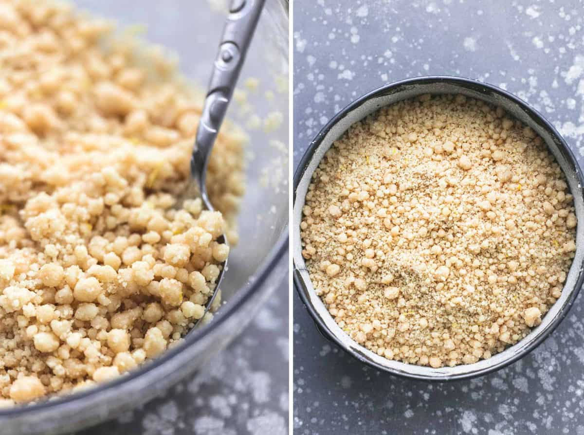 side by side images of cream cheese lemon crumb cake unbaked in a pan and crumb topping in a glass bowl with a spoon.