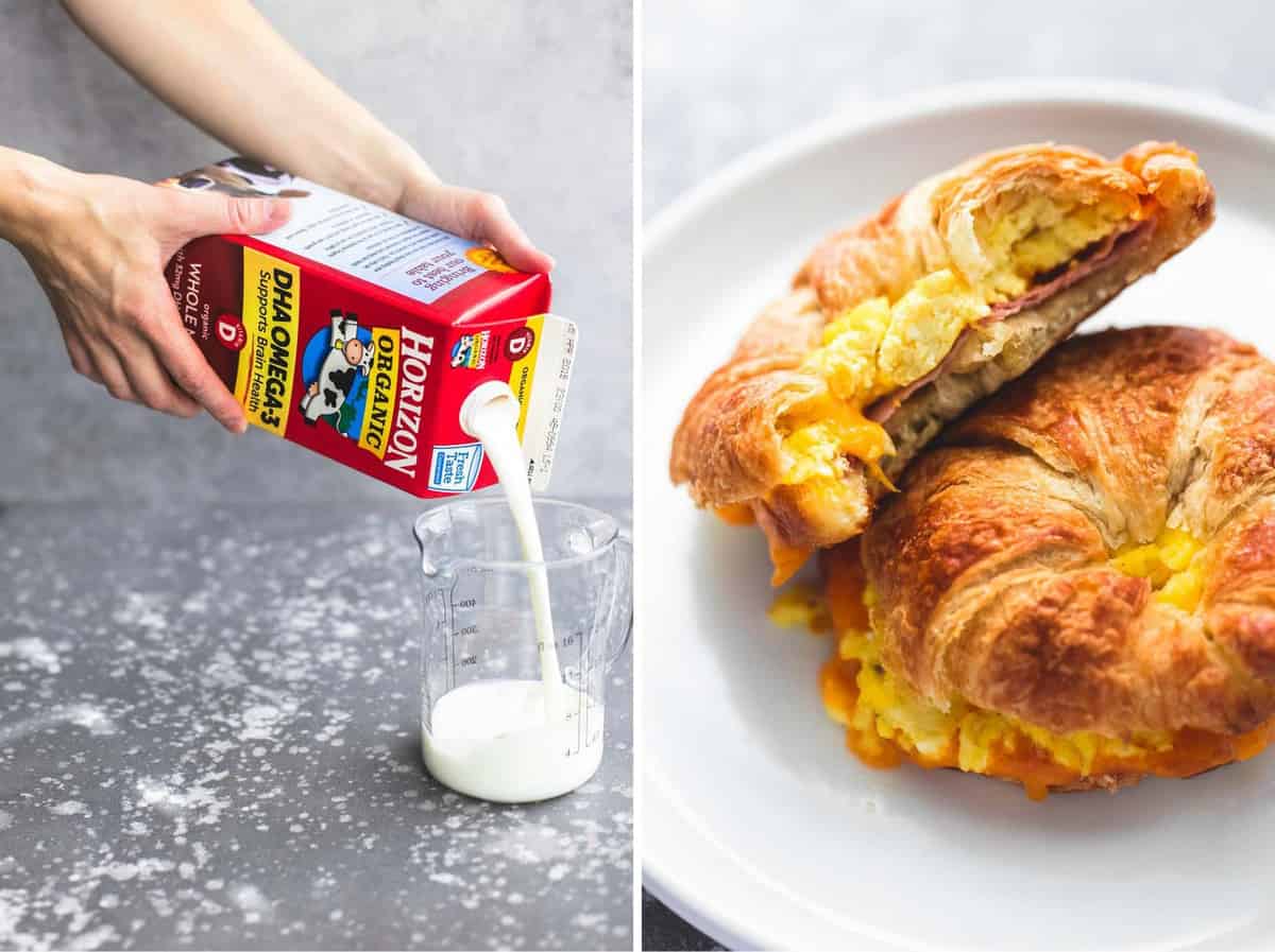 side by side images of a pair of hands pouring a carton of Horizon Organic whole milk into a liquid measuring cup and baked croissant breakfast sandwiches on a plate.