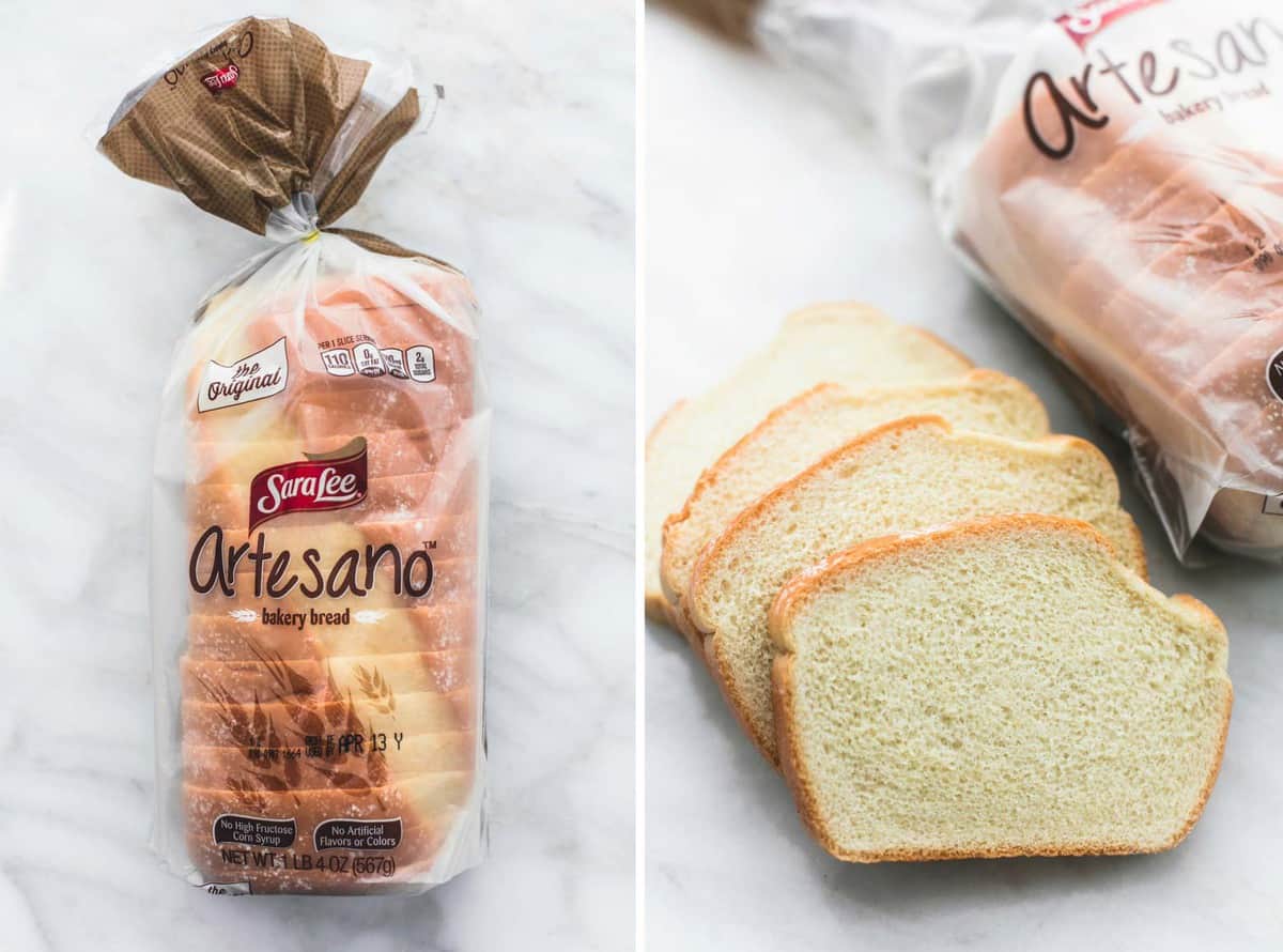 side by side images of a Artesano bread bag and slices of Artesano bread sitting next to the bag.