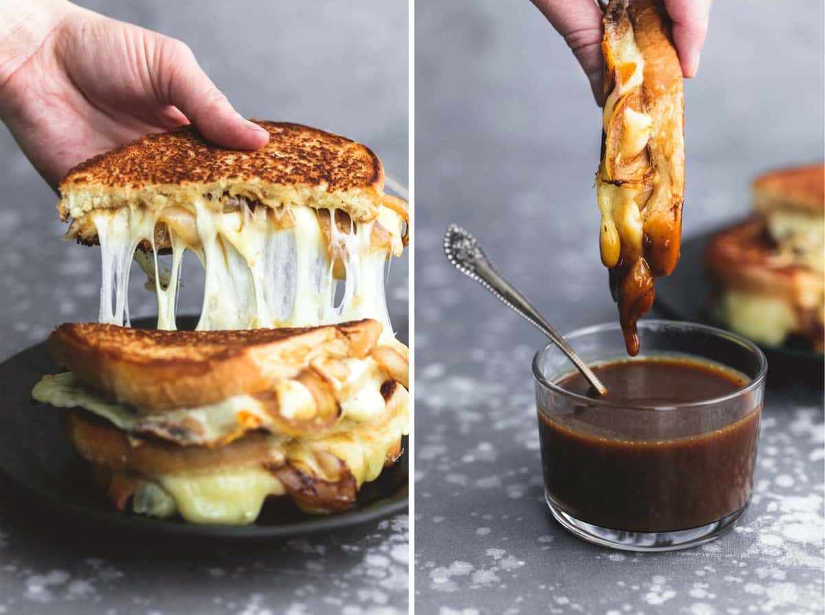 side by side images of a hand taking half of a French onion grilled cheese sandwich from a plate and lifting half of a French onion grilled cheese sandwich from a bowl of dipping sauce.