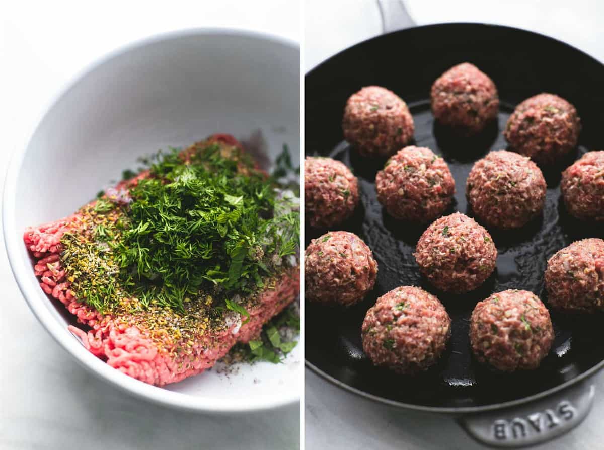 side by side images of Greek meatballs ingredients in a bowl and Greek meatballs in a pan about to be cooked.