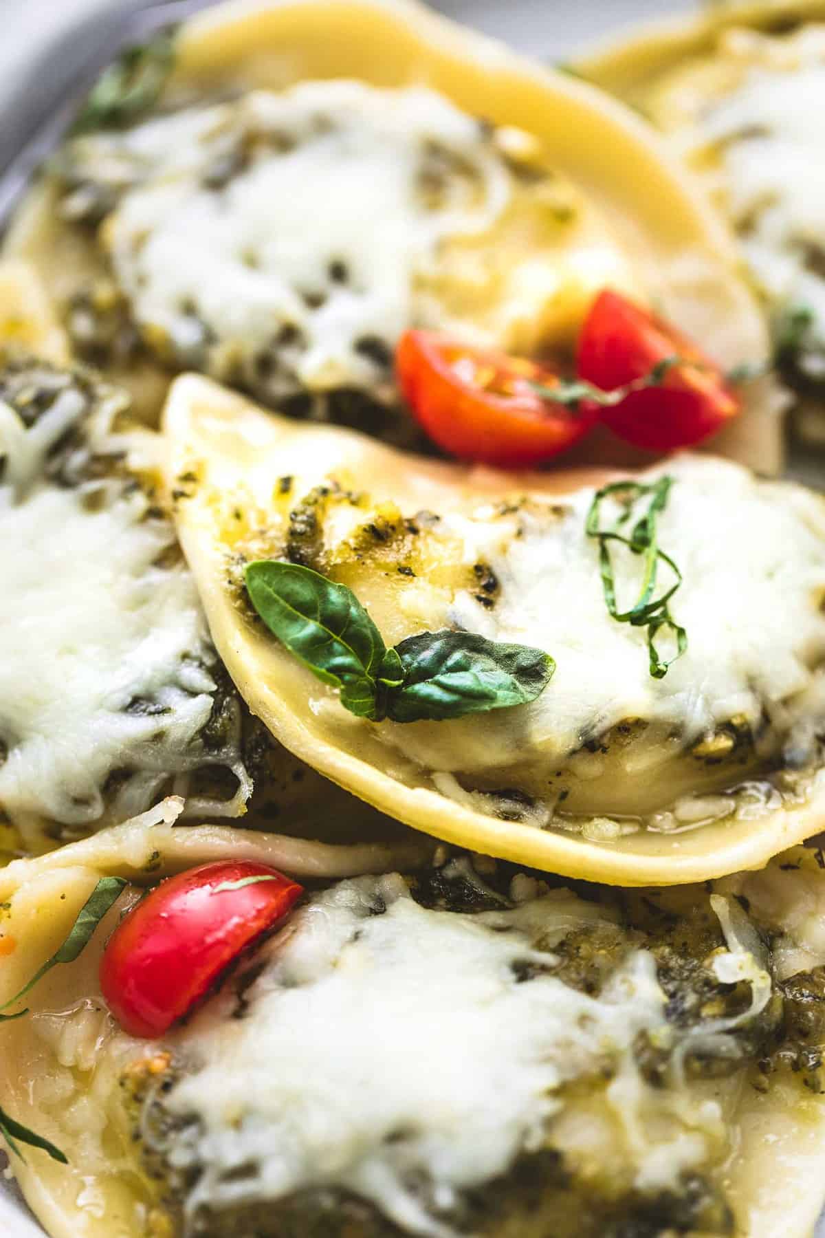 close up of margherita pierogies skillet.