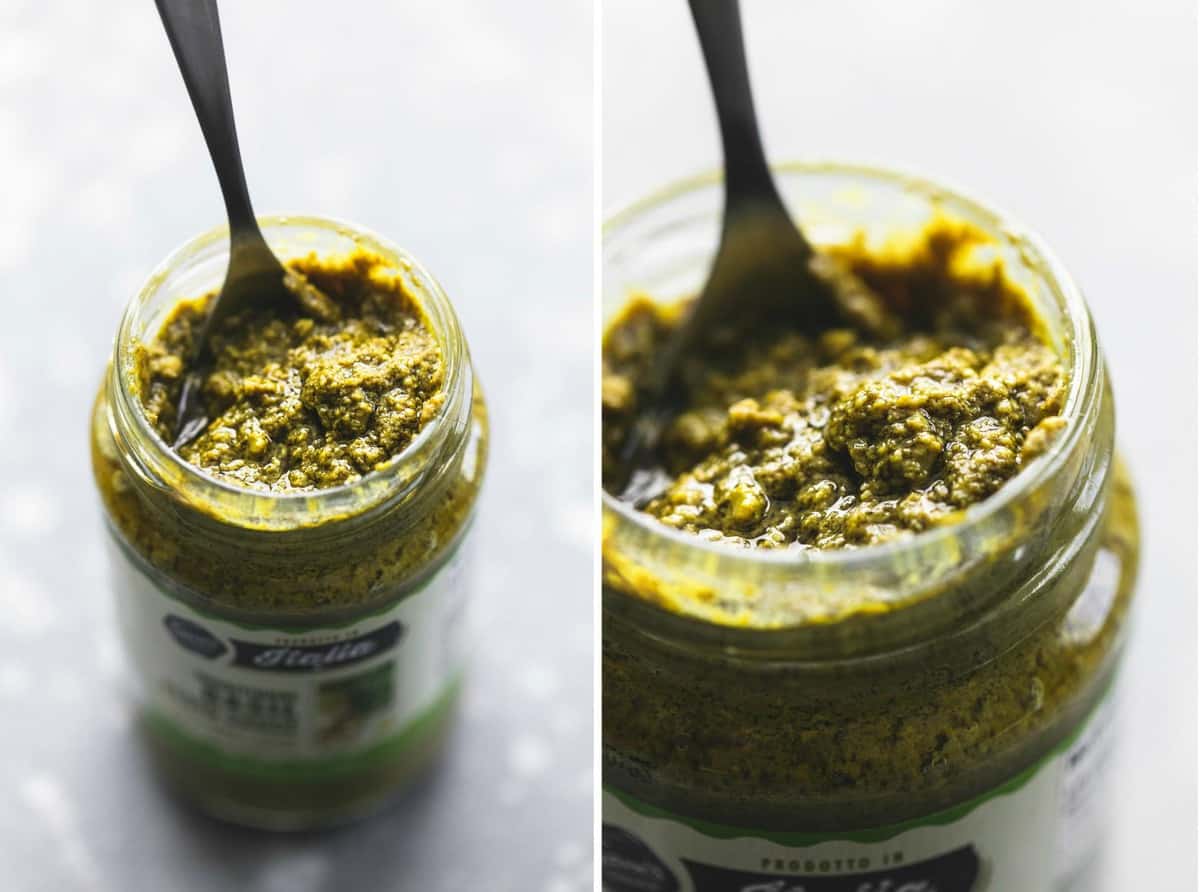 side by side images of a jar of pesto with a spoon.