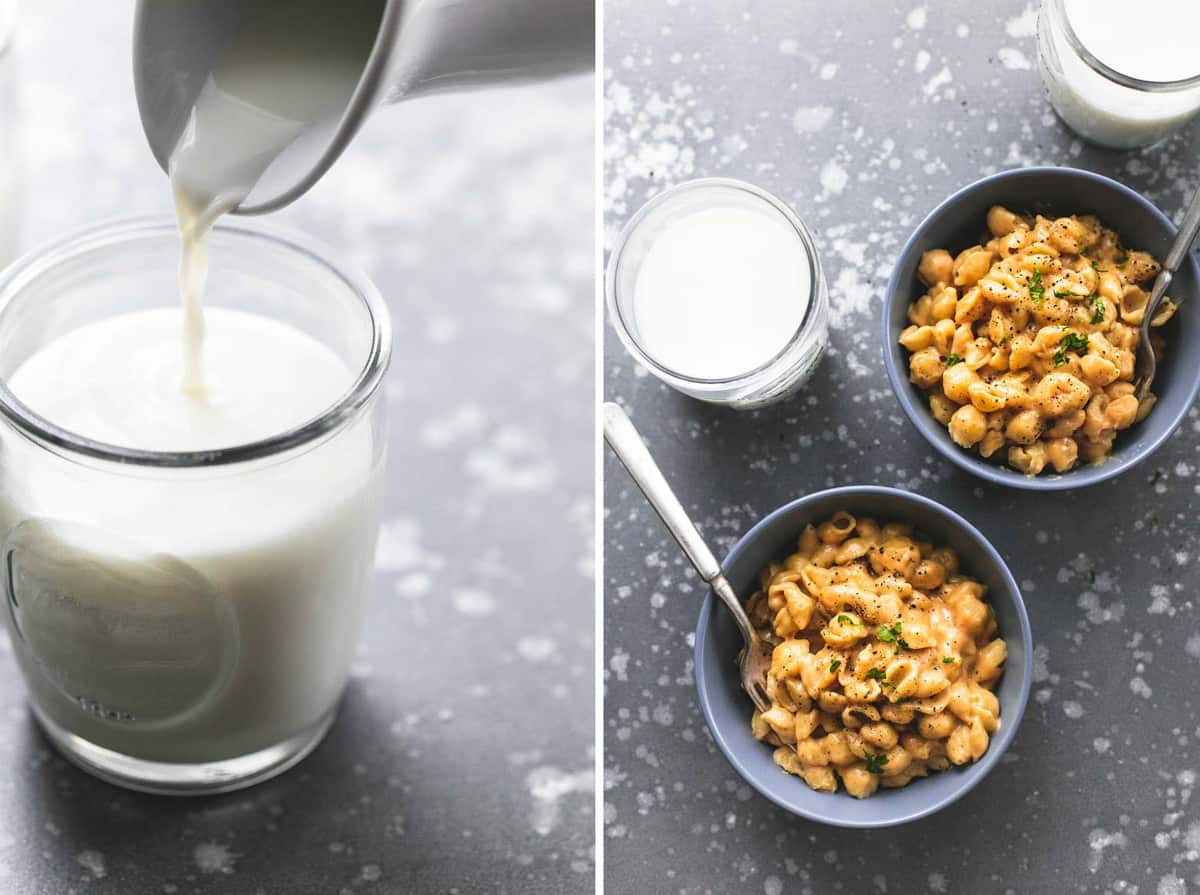 side by side images of a pitcher pouring milk into a glass and two bowls of mac and cheese with glasses of milk on the side.