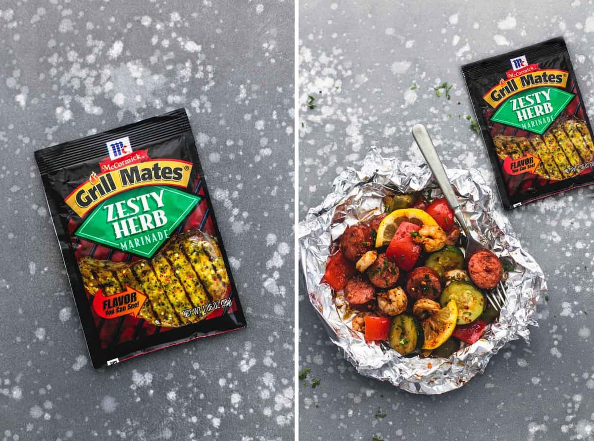 side by side images of a package of Grill Mates zesty herb marinade and a shrimp sausage and veggie foil pack with a packet of Grill Mates marinade on the side.