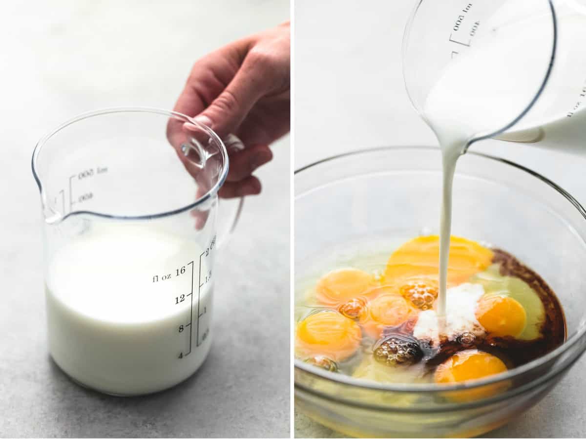 side by side images of a hand holding the handle of a liquid measuring cup of milk and that milk being poured into a glass bowl with raw ingredients in it.