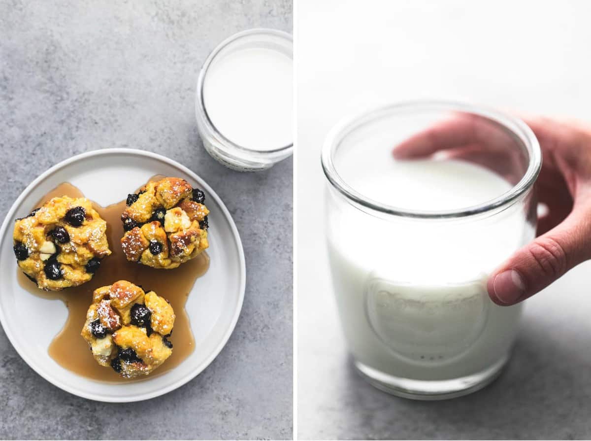 side by side images of blueberry cream cheese French toast muffins topped with syrup on a plate with a glass of milk on the side and a hand holding a glass of milk.