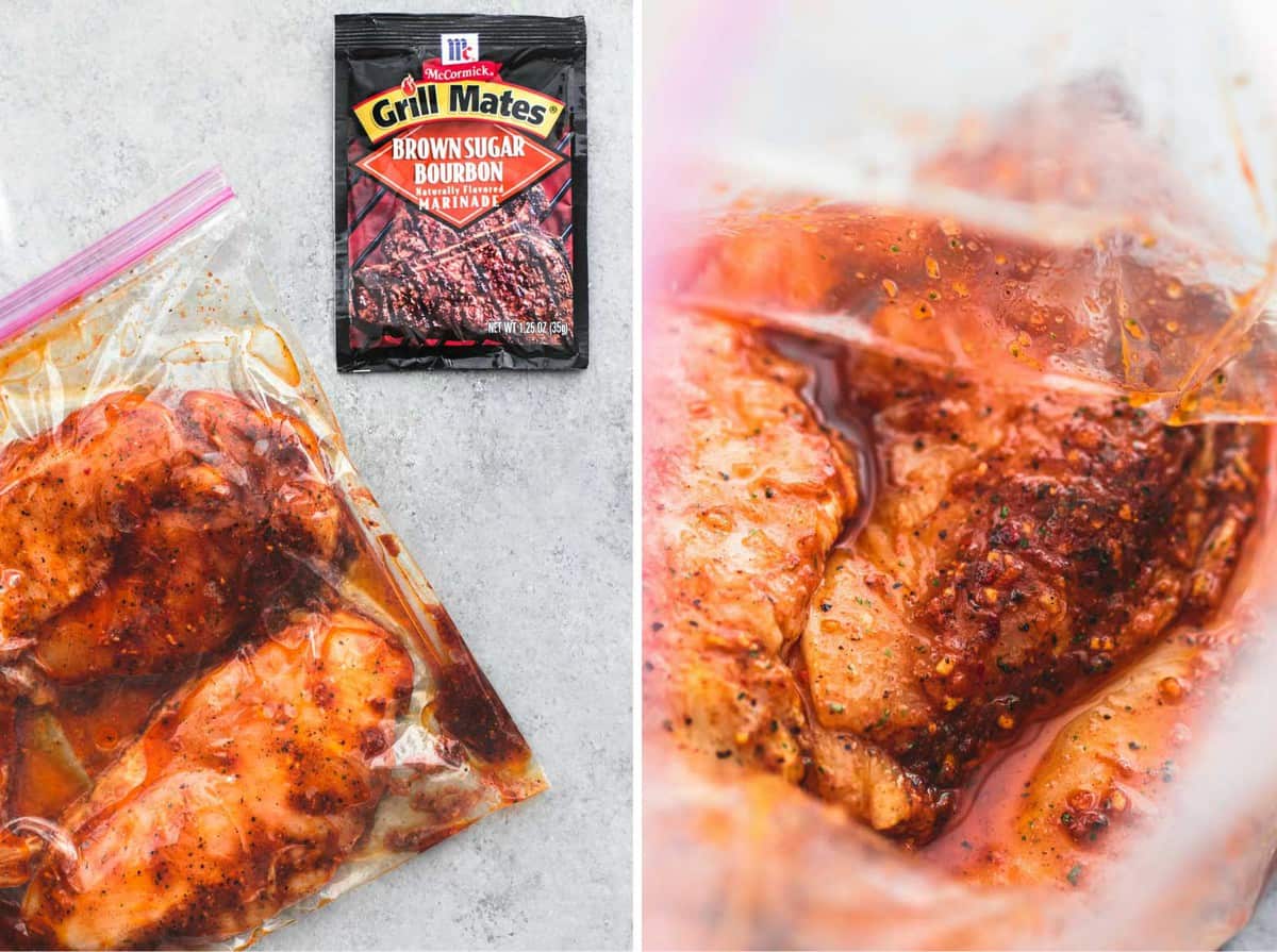 side by side images of bbq chicken in a closed zip lock bag with a package of Grill Mates brown sugar bourbon on the side and an open zip lock bag with bbq chicken in it.