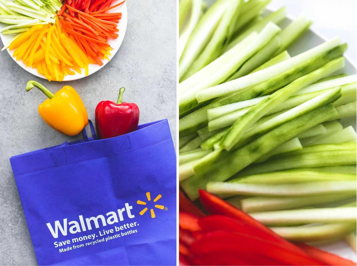 side by side images of slices up veggies and whole veggies next to a Walmart bag.