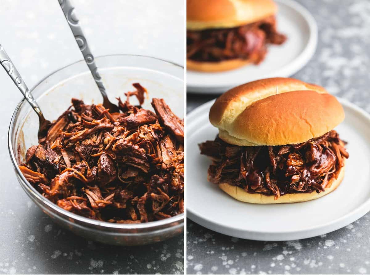 side by side images of pulled meat in bowl and pulled meat on a bun.