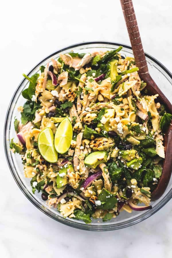 Easy Mexican Street Corn Chicken Pasta Salad recipe | lecremedelacrumb.com