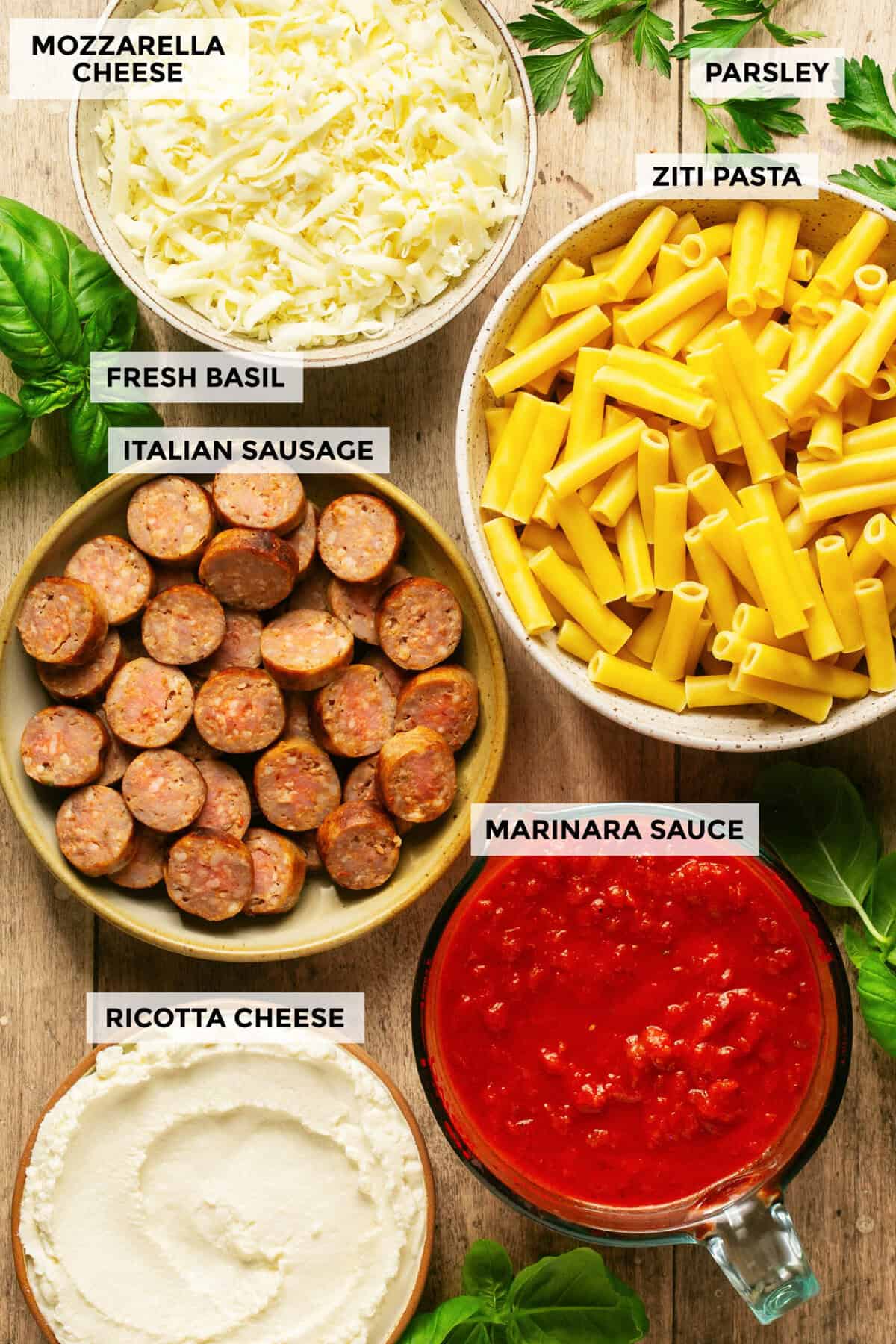 Ingredients for baked ziti with sausage.