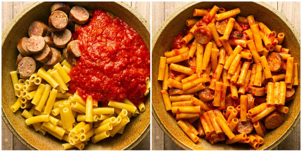 Steps 1-3 for prepping baked ziti with sausage.