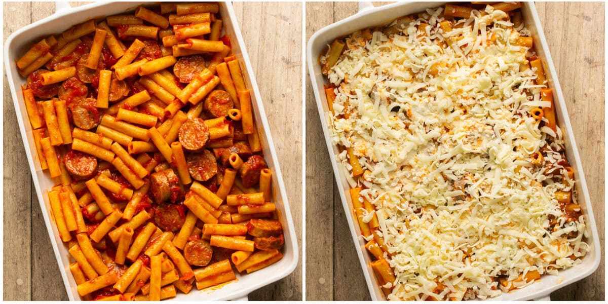 Step 4 for prepping baked ziti with sausage.