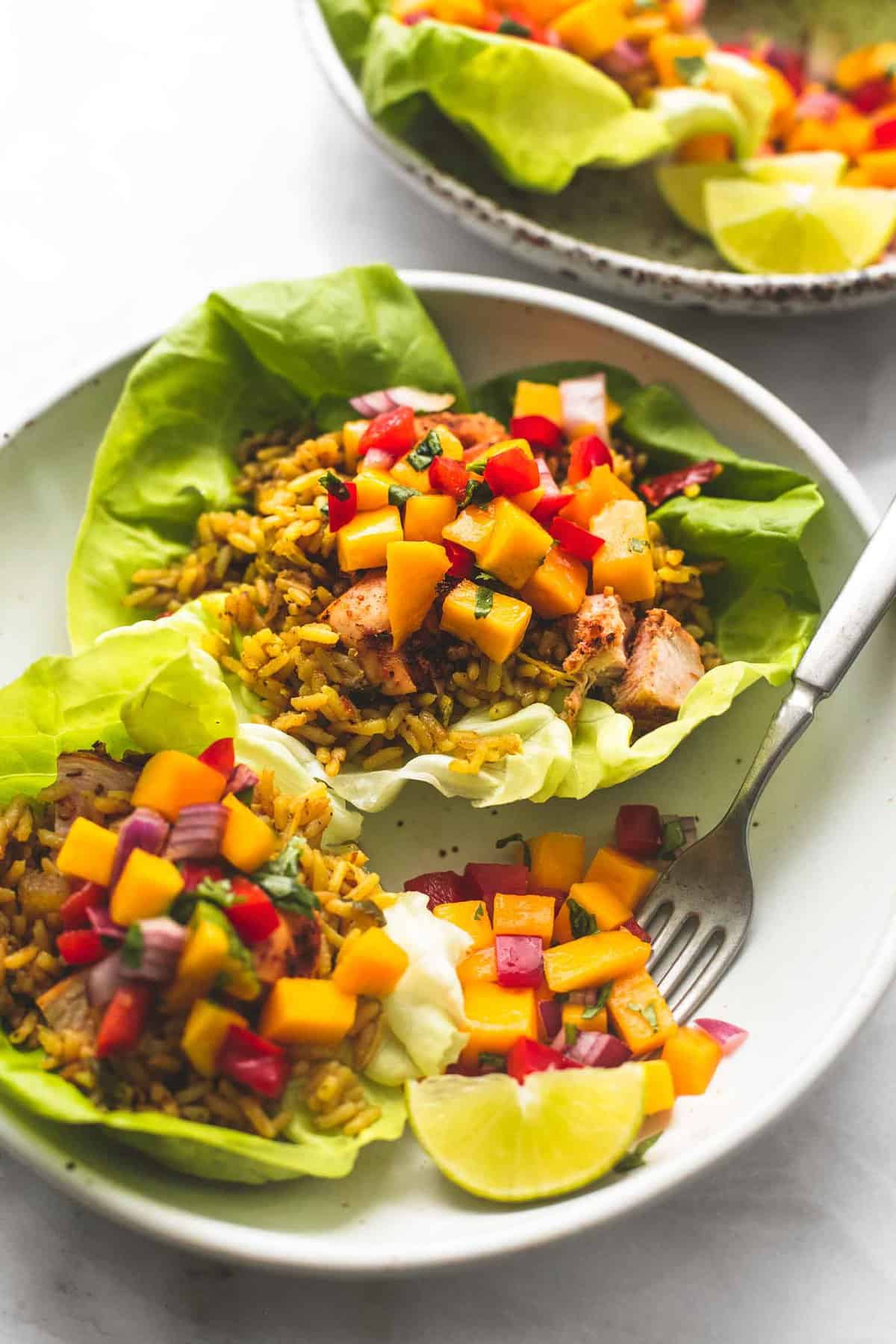 a plate of Caribbean chicken and rice lettuce wraps and a fork with another plate in the background.