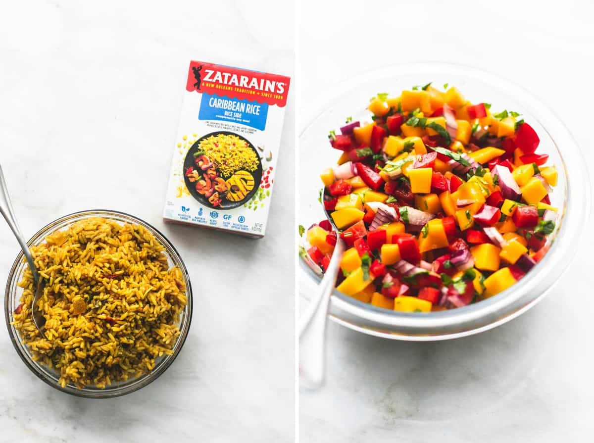side by side images of rice in a glass bowl with a Zatarain's box on the side and raw veggies in a glass bowl.