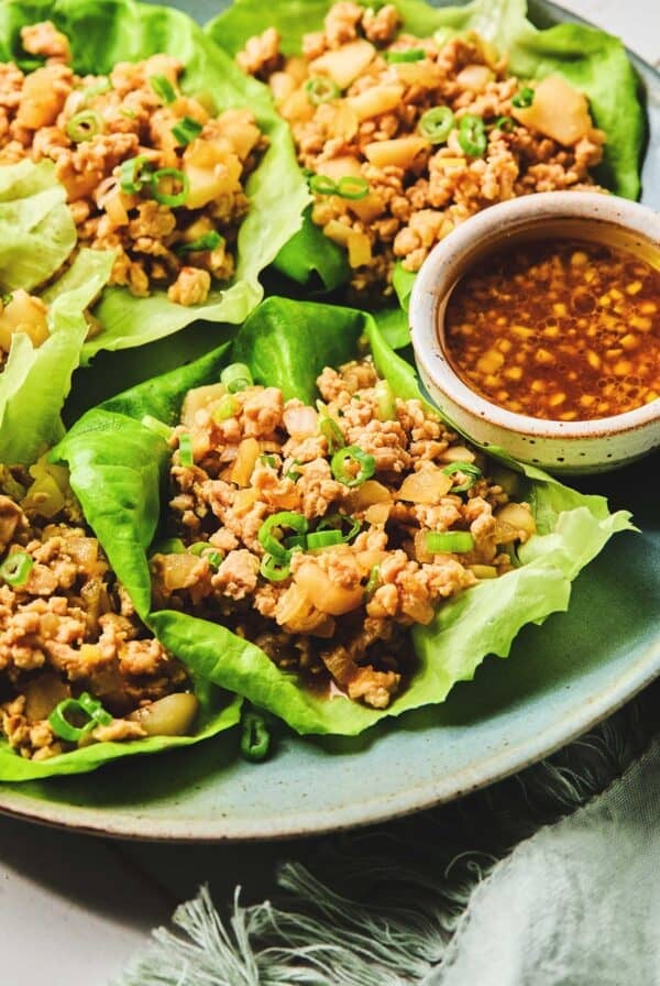Close up of Asian Chicken Lettuce Wraps on a plate.