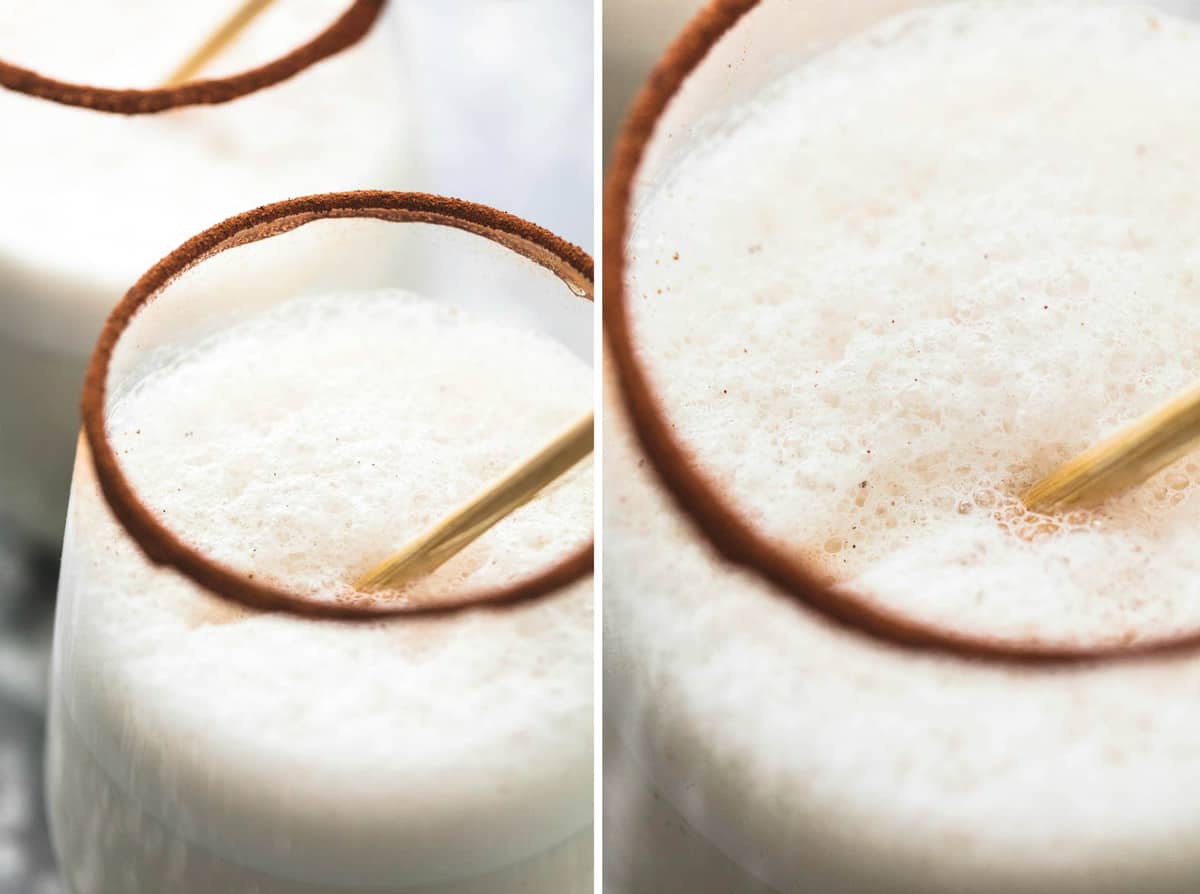 side by side close up images of cinnamon bun moon milk in a glass.