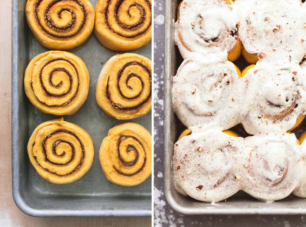 side by side images of pumpkin cinnamon rolls baked on a baking sheet unfrosted and frosted.