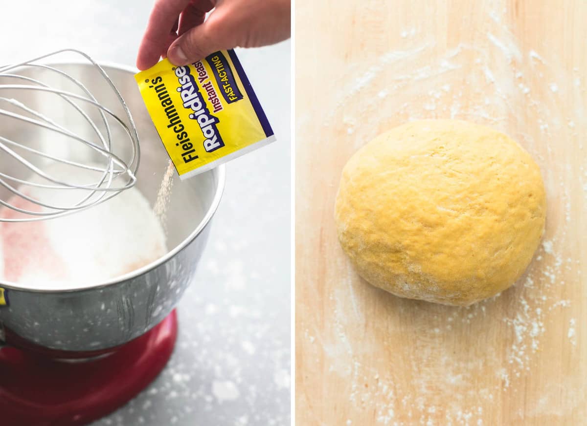 side by side images of a packet of RapidRise yeast being poured into a mixing bowl and pumpkin cinnamon roll dough in a ball.