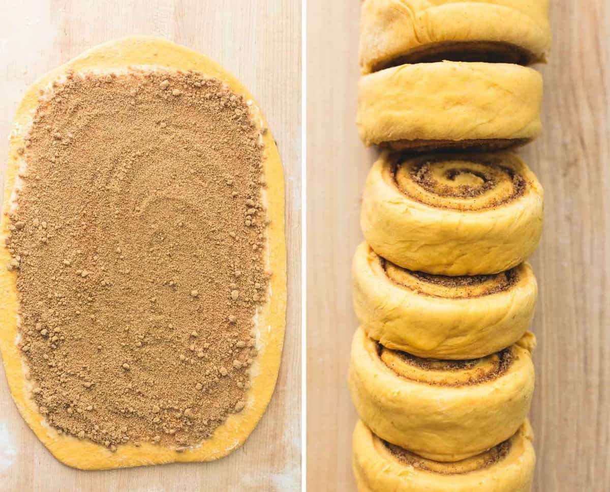 side by side images of pumpkin cinnamon roll dough being flattened with butter and cinnamon on top and pumpkin cinnamon rolls unbaked and in a vertical line.