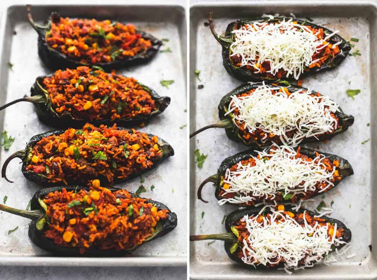 side by side images of Southwest stuffed poblano peppers uncooked with and without cheese on a baking sheet.