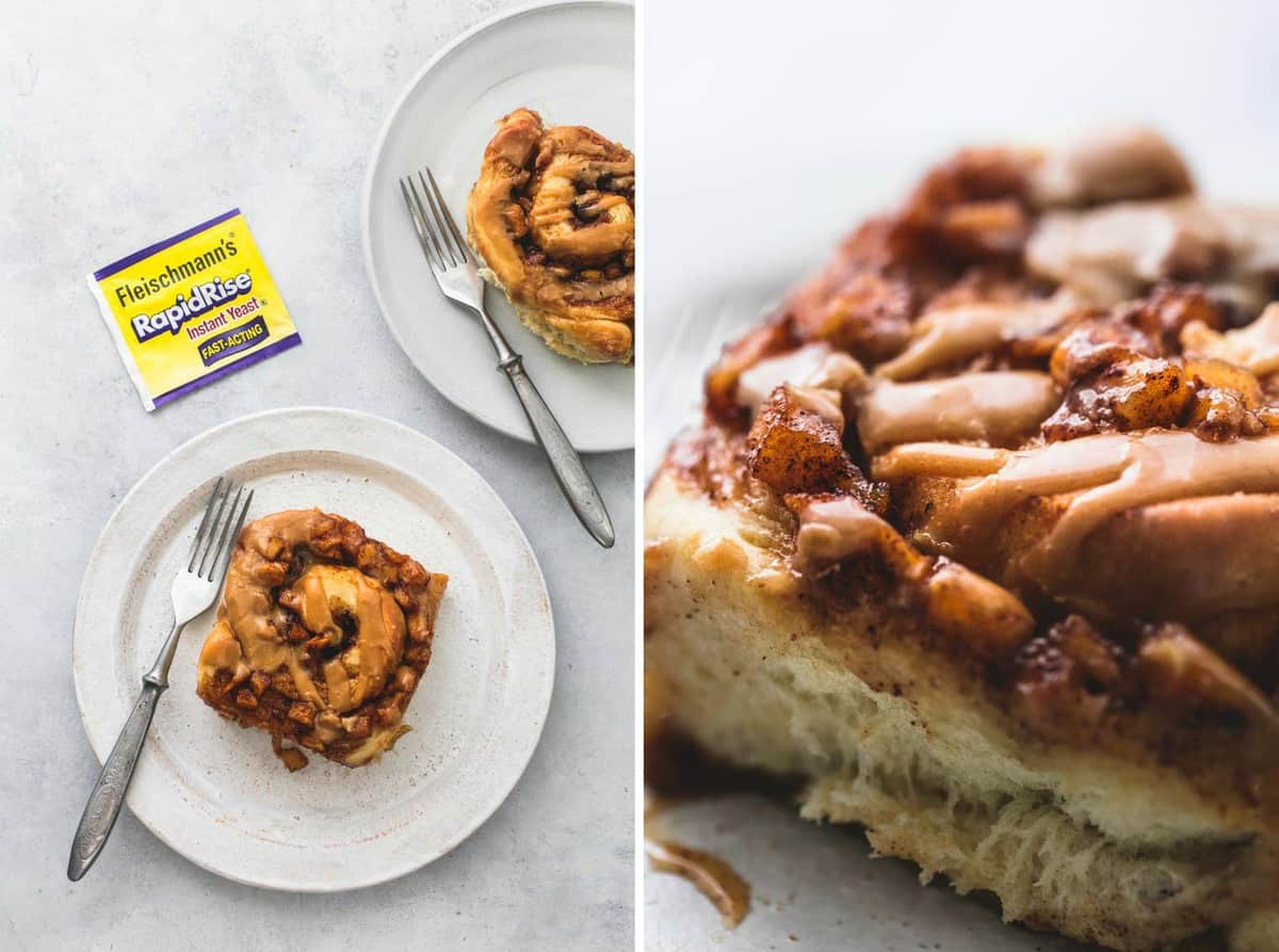 side by side images of apple pie cinnamon rolls with forks on two plates with a RapidRise yeast packet on the side and an up close shot of a roll.