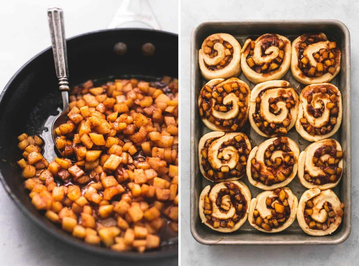 side by side images of caramelized apples in a skillet and unbaked apple pie cinnamon rolls on a baking sheet.