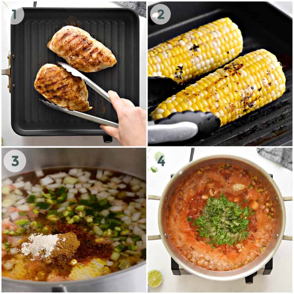 four steps of preparing chicken tortilla soup