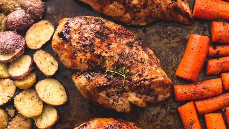Easy Sheet Pan Balsamic Chicken with Potatoes and Carrots recipe | lecremedelacrumb.com