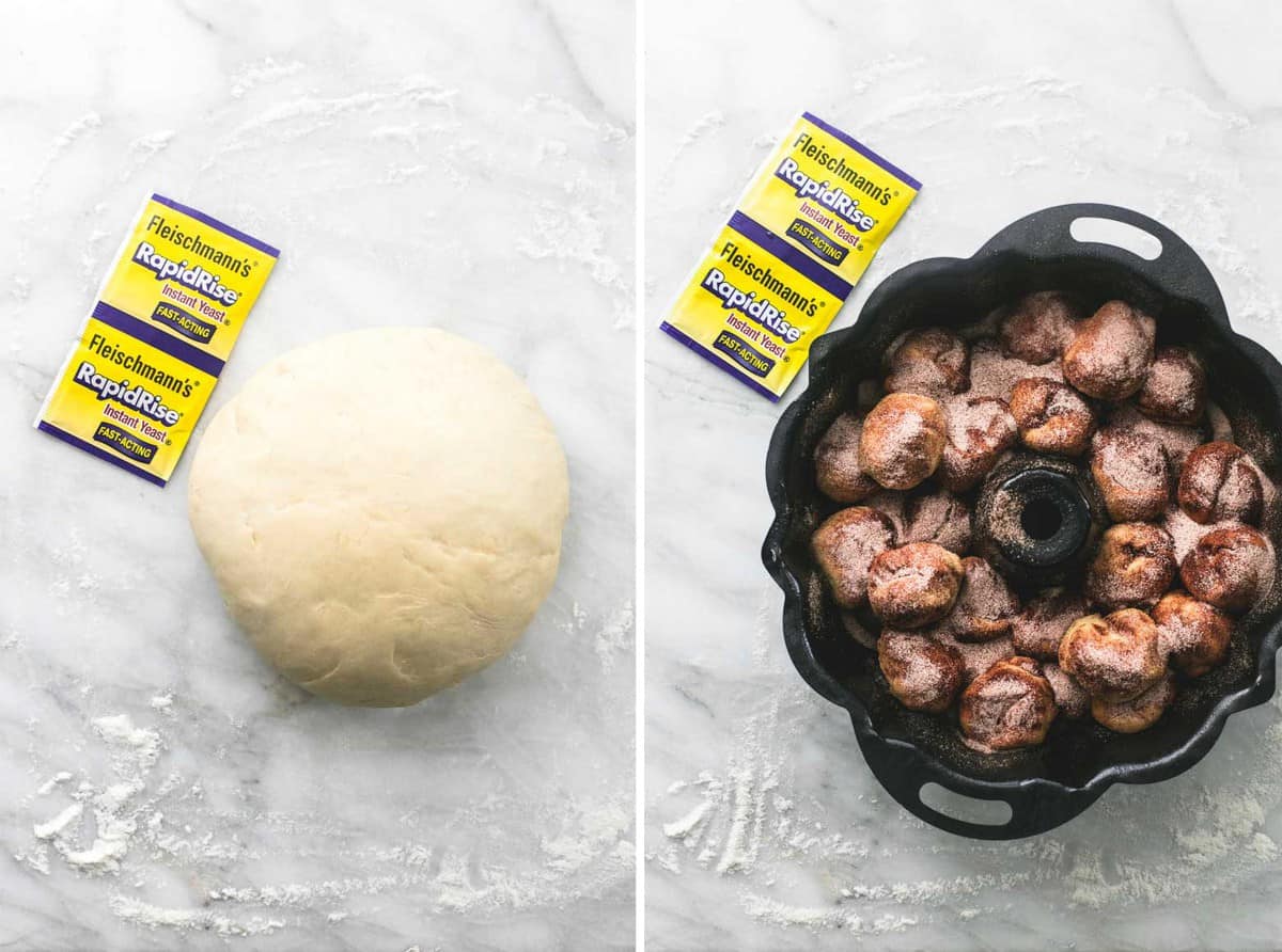 side by side images of cinnamon swirl monkey bread dough in a ball with a RapidRise yeast packet on the side and unbaked monkey bread in a bundt pan with another yeast packet on the side.