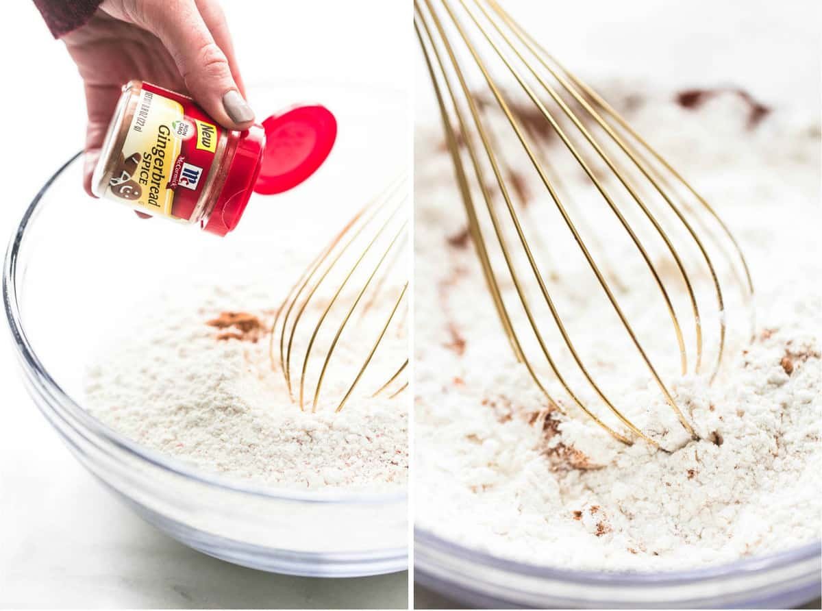 side by side images of a container of gingerbread spice being poured into a bowl of dry ingredients and a close up shot of a bowl with a whisk and dry ingredients.