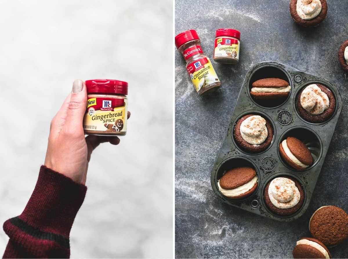 side by side images of a hand holding up a container of gingerbread spice and gingerbread cheesecake cups and whoopie pies with caramel frosting in a muffin tin with more cups and pies and spice containers on the side.