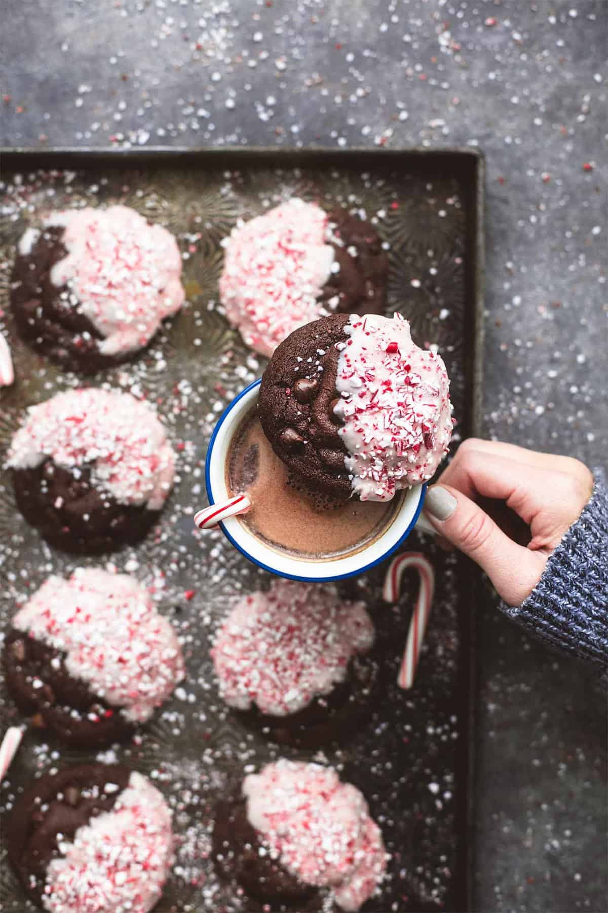 top view of a hand holding the handle of a mug of hot chocolate with a double chocolate peppermint bark cookie sitting on top of it on a baking sheet with more cookies and candy canes on it.