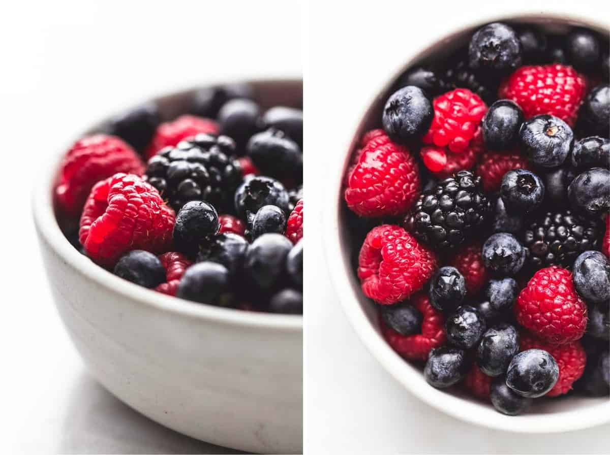 side by side images of a bowl of mixed berries.