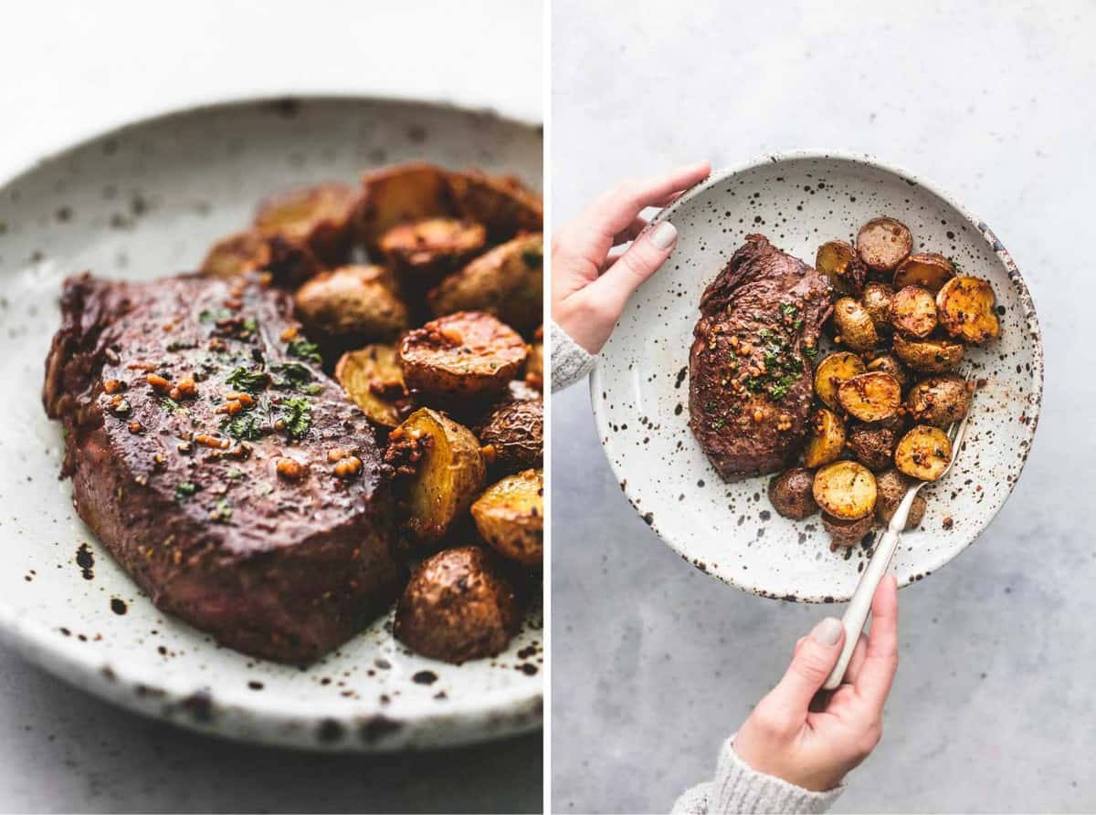 side by side images of garlic butter steak and potatoes skillet on a plate.