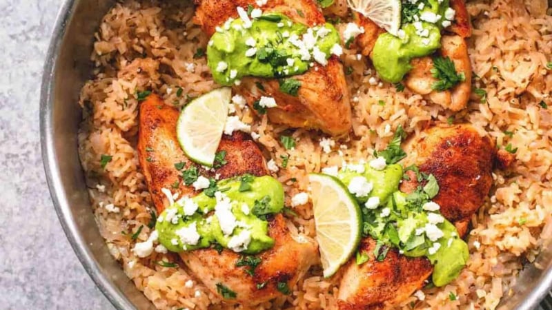 One Pan Creamy Cilantro Lime Chicken and Rice easy dinner recipe | lecremedelacrumb.com