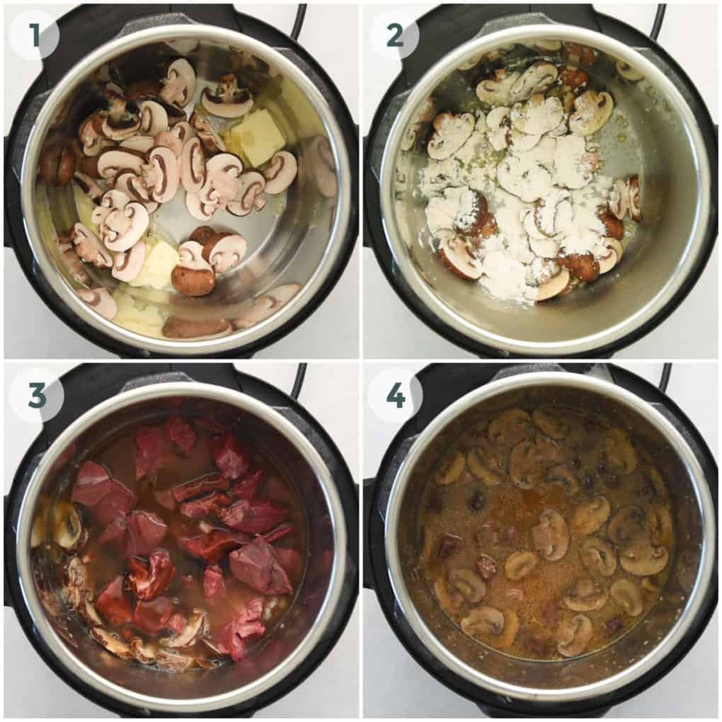 four steps of preparing beef stroganoff in an instant pot