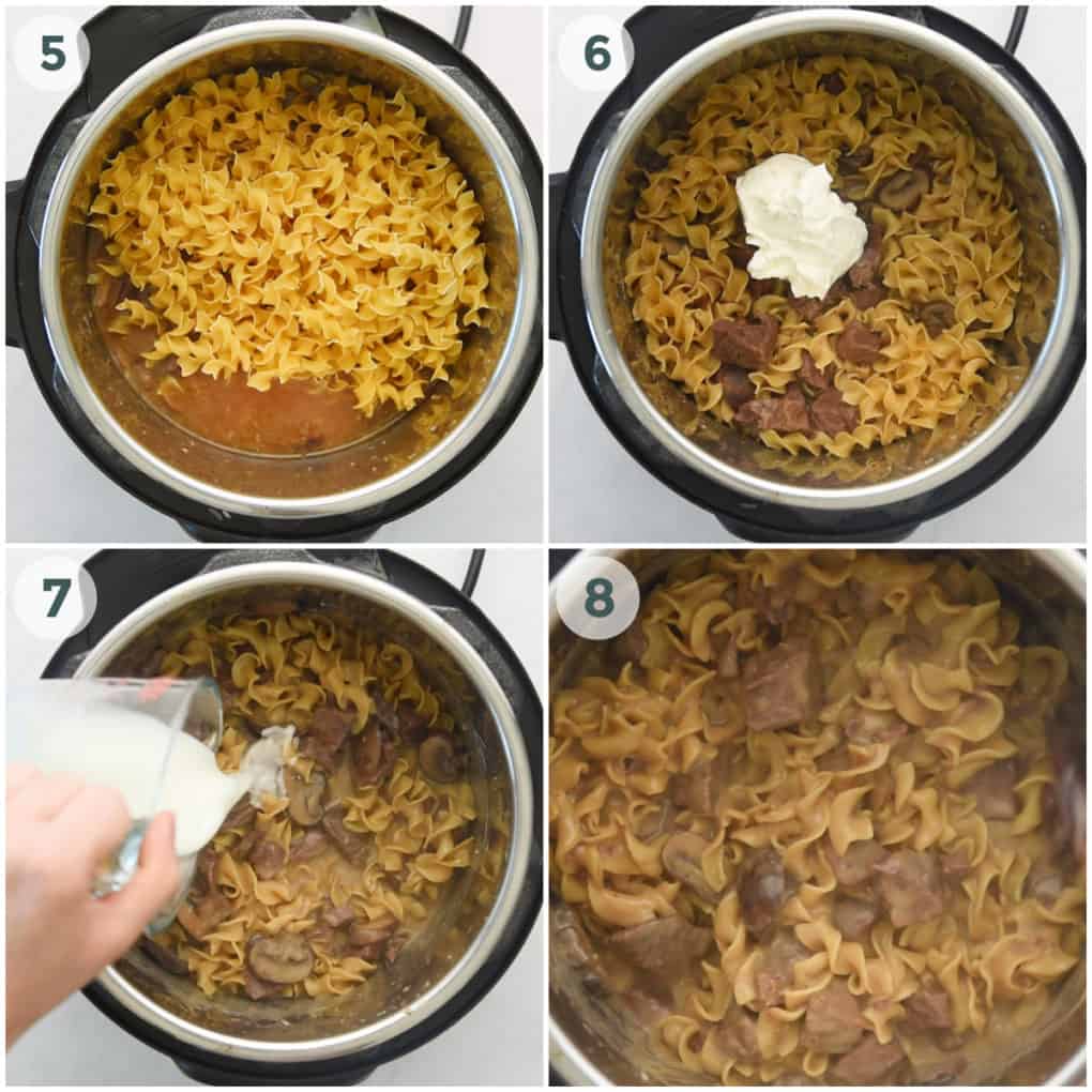 four steps of making beef stroganoff in a pressure cooker