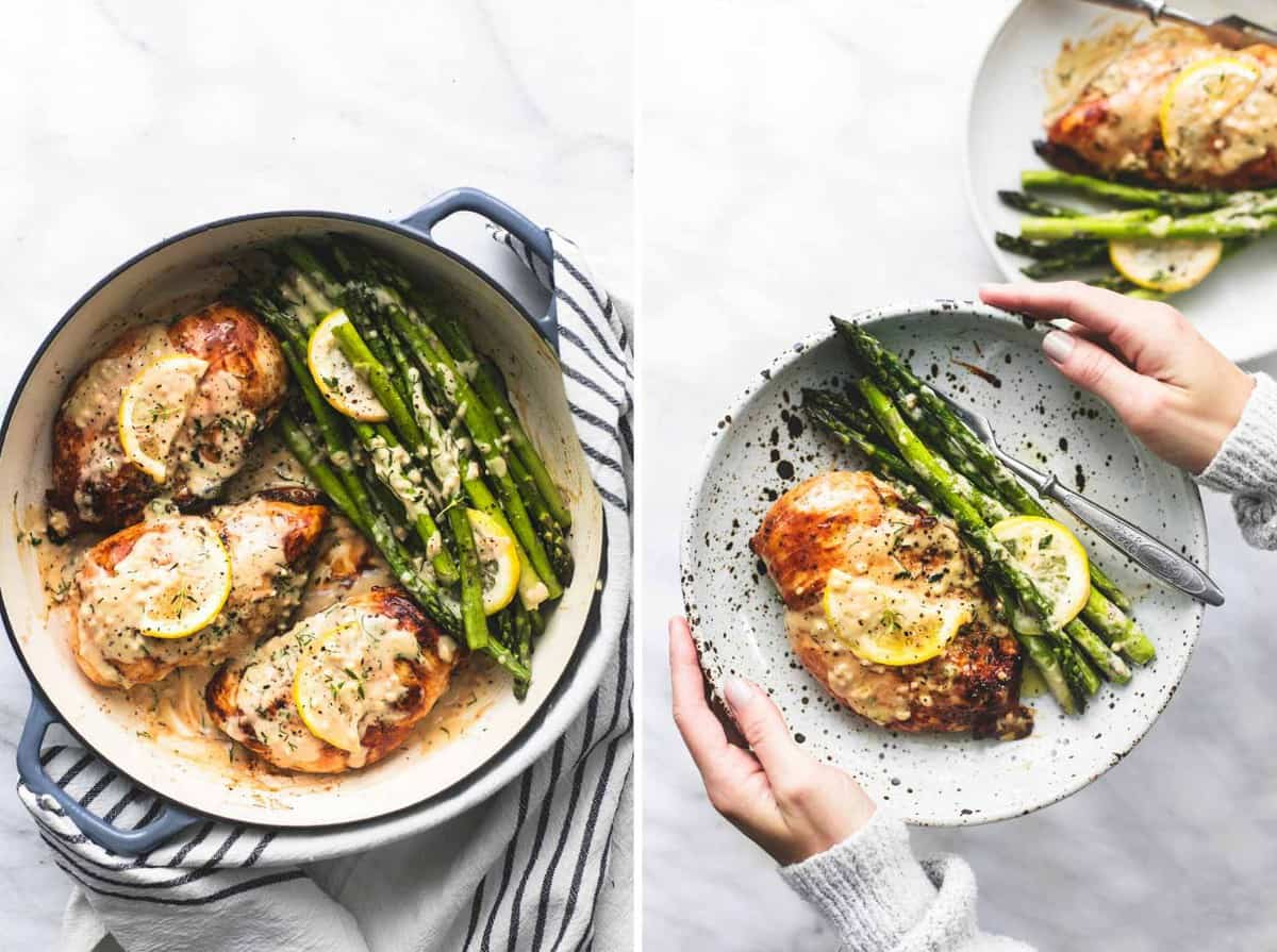 side by side images of creamy lemon chicken and asparagus in a pan and on a plate.