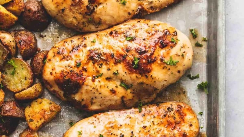 Easy Sheet Pan Chicken and Potatoes (Five Ingredients) Dinner Recipe | lecremedelacrumb.com