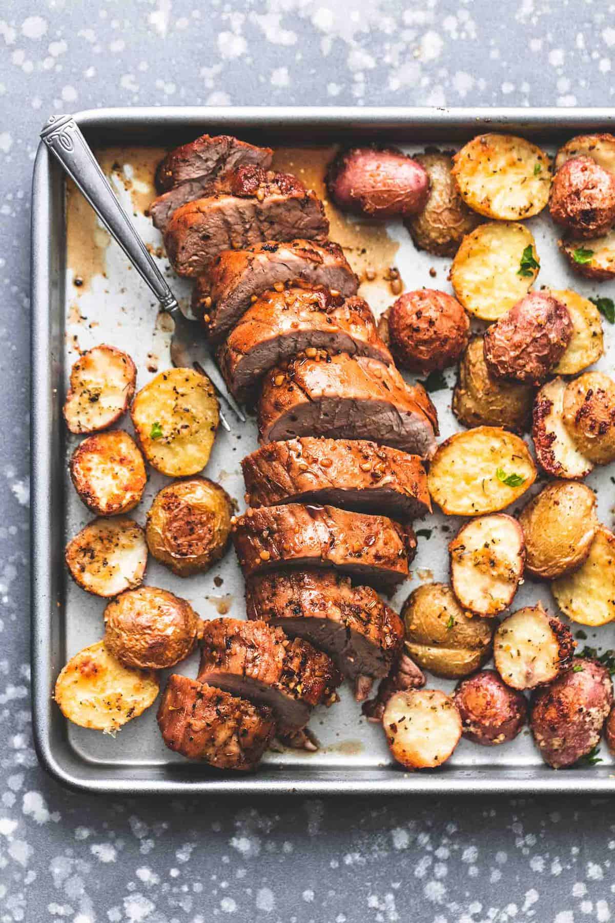 Sheet pan pork tenderloin and potatoes.