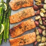 Easy healthy One Sheet Pan Baked Salmon and Asparagus with Potatoes dinner recipe | lecremedelacrumb.com