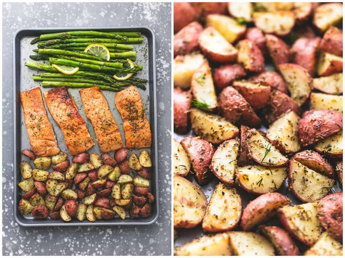 side by side images of sheet pan baked salmon and asparagus with potatoes on a sheet pan and a close up of potatoes.