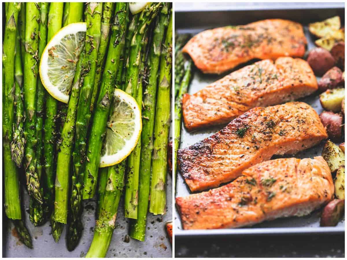 side by side close up images of sheet pan baked salmon and asparagus with potatoes on a sheet pan and asparagus.