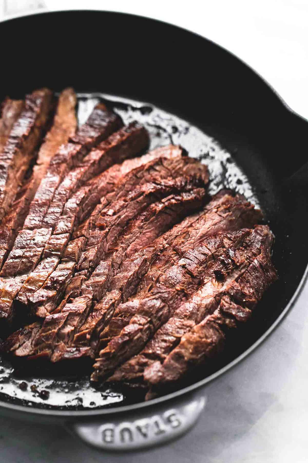 close up of sliced beef in a pan.