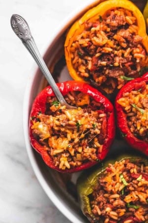 BEST Ever Easy Stuffed Peppers (5 Ingredients) recipe | lecremedelacrumb.com